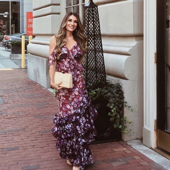 AMUR Moira SILK Maxi Ruffle Dress Gown Floral Boudreaux/Purple 4 - Picture 7 of 8